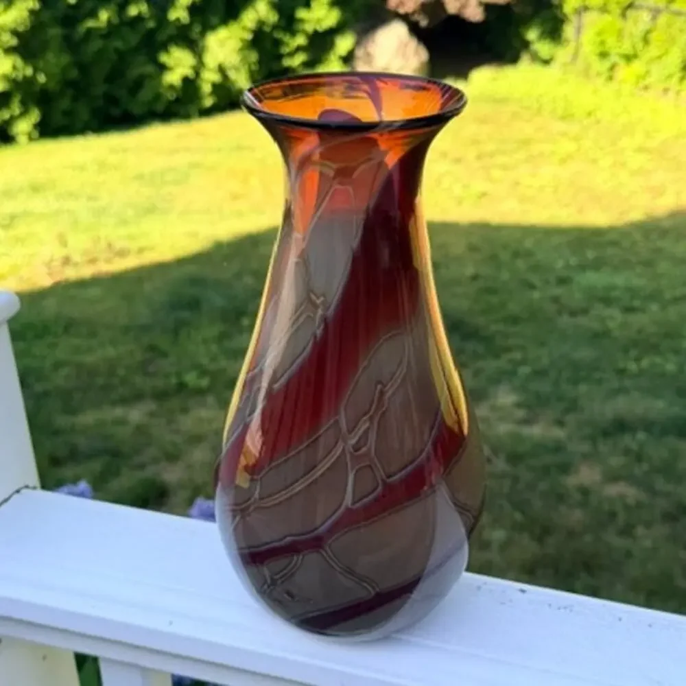 Vintage Eben Horton Signed 2005 Studio Art Glass Vase Amber Burgundy 10